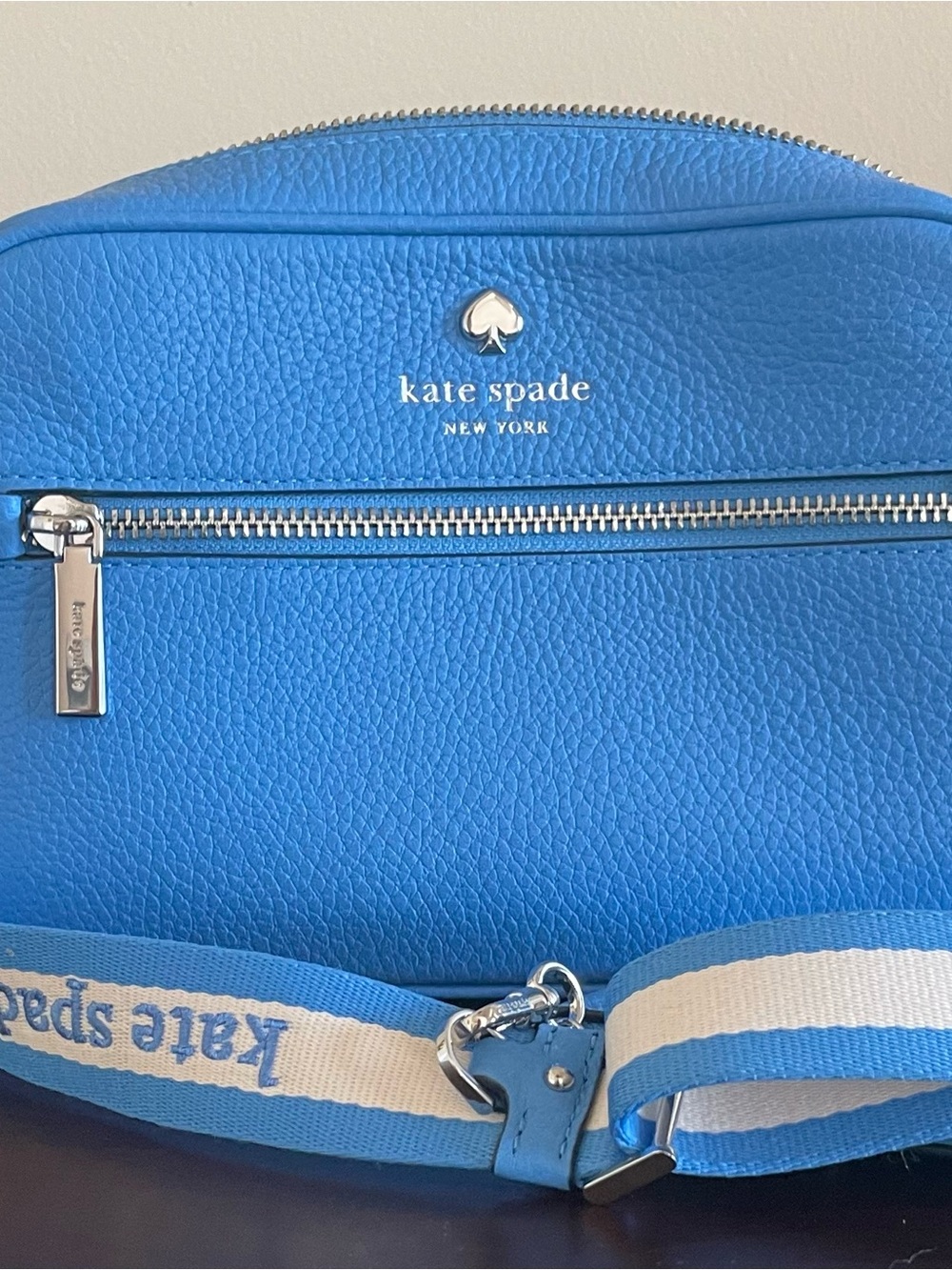 kate spade bright blue pebbled leather crossbody with striped strap